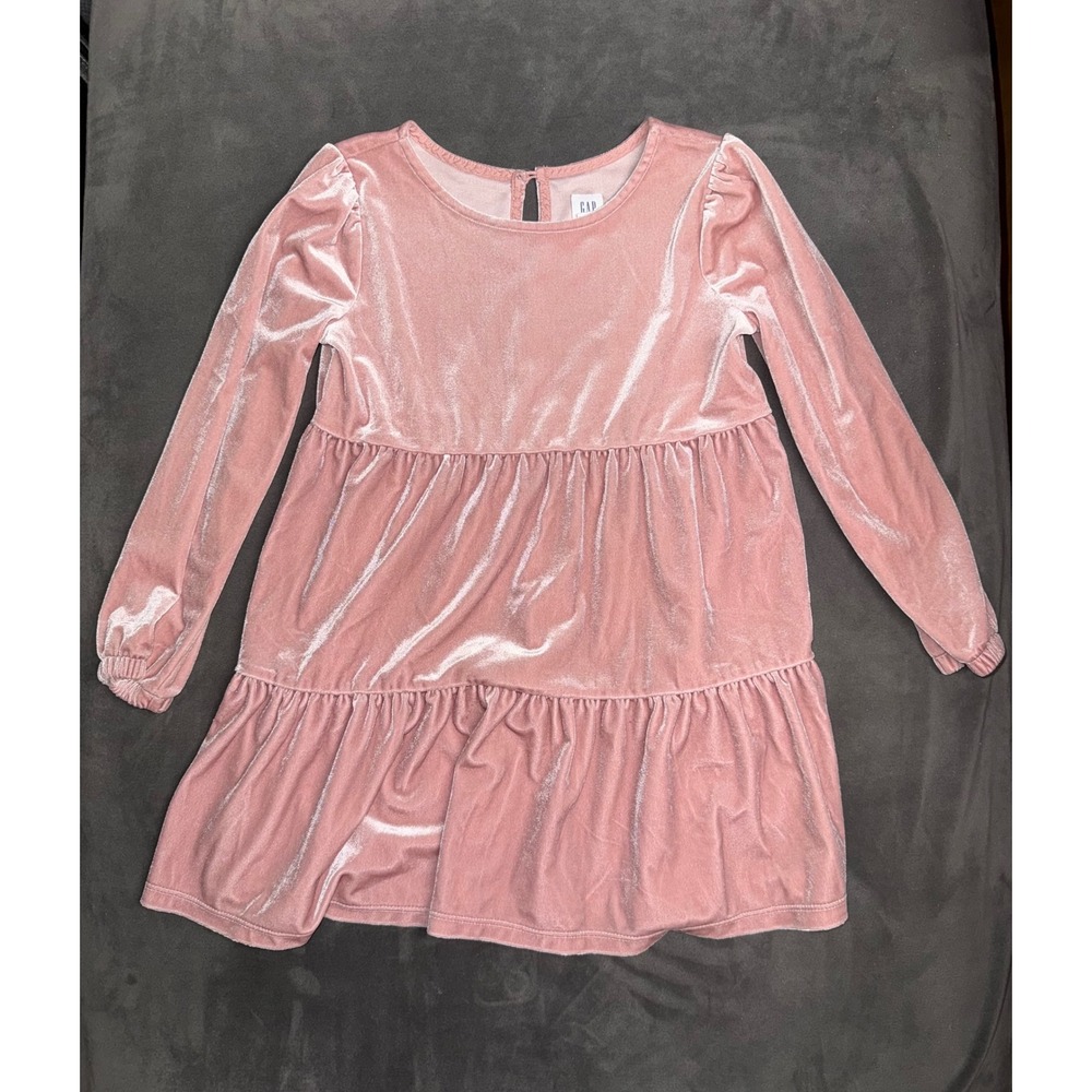 Gap Kids Girls Velvet Tiered Dress Pink Long Sleeve‎ Holiday Party Size XS 4-5